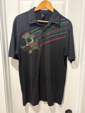 Y2K Fox Black Polo Multicolor Skull Graphic distressed, men’s XL